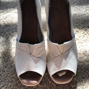 White sparkly Toms wedges